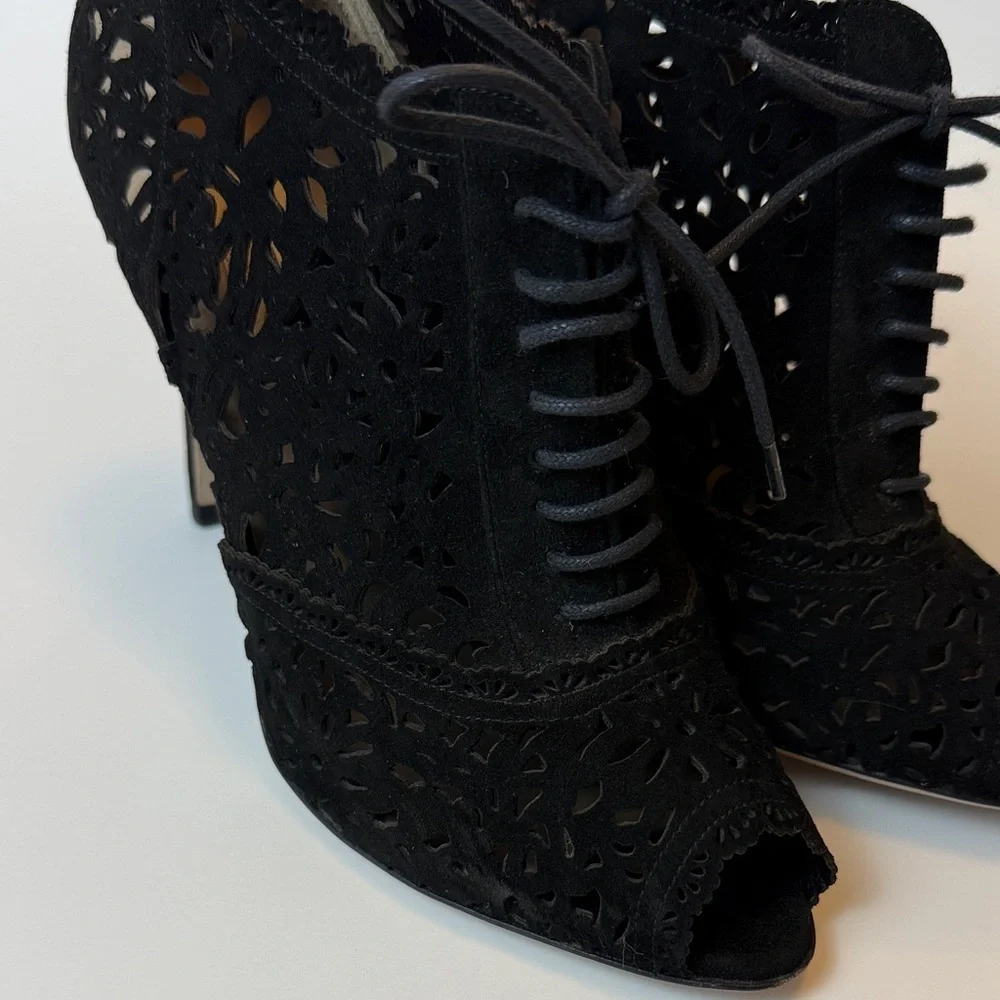 Valentino Garavani Black‎ Suede Lace Cut Out Boot Heels Size 37